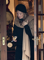 Kate Moss black turban hat and camel scarf, guiles