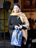 Kate Moss black turban hat and camel scarf