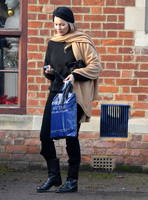 Kate Moss black turban hat and camel scarf