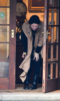 Kate Moss black turban hat and camel scarf, guiles