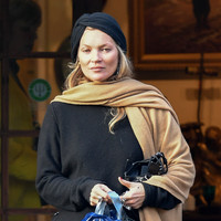 Kate Moss black turban hat and camel scarf