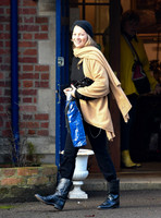Kate Moss black turban hat and camel scarf