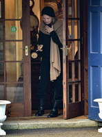 Kate Moss black turban hat and camel scarf, guiles