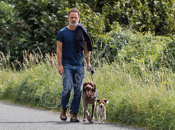 Andrew Lincoln dressed casually walking his two dogs
