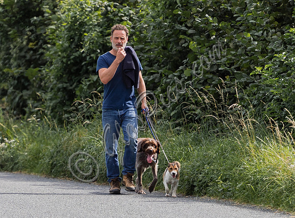 Andrew Lincoln dressed casually walking his two dogs