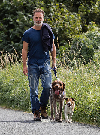 Andrew Lincoln dressed casually walking his two dogs