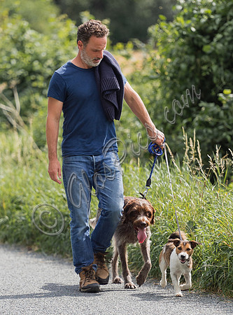 Andrew Lincoln dressed casually walking his two dogs