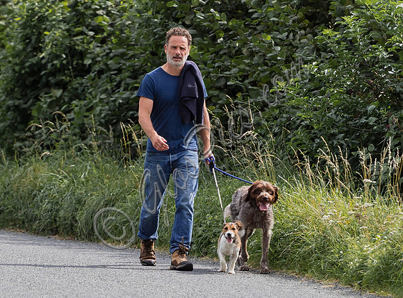 Andrew Lincoln dressed casually walking his two dogs