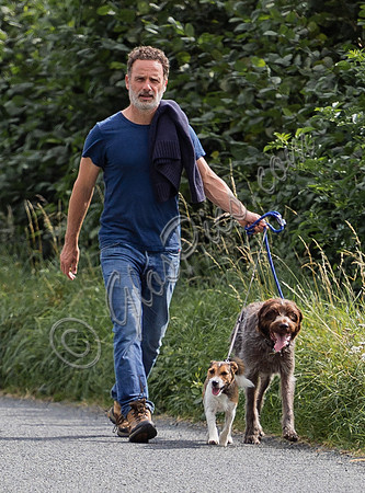 Andrew Lincoln dressed casually walking his two dogs