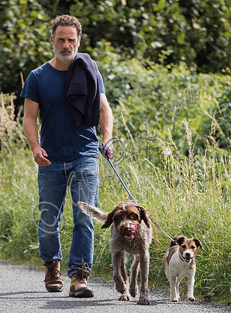 Andrew Lincoln dressed casually walking his two dogs