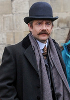 Head shot of Martin Freeman in period attire for Sherlock filming
