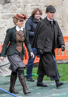 Amanda Abbington and Benedict Cumberbatch in period attire for Sherlock filming