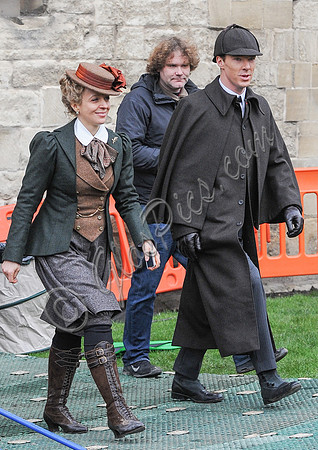 Amanda Abbington and Benedict Cumberbatch in period attire for Sherlock filming