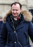 Mark Gatiss wearing blue Parka, close-up