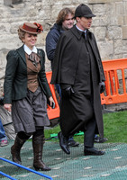 Amanda Abbington and Benedict Cumberbatch in period attire for Sherlock filming