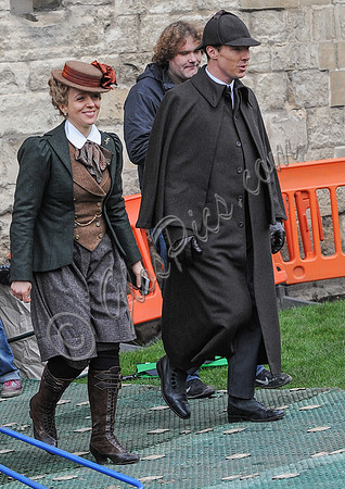 Amanda Abbington and Benedict Cumberbatch in period attire for Sherlock filming
