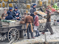 Lily James and Katherine Parkinson on set of "Guernsey"