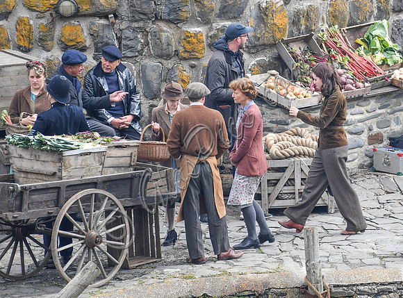 Lily James and Katherine Parkinson on set of "Guernsey"