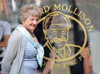 Julia McKenzie outside of Mollison's Deli, smiling