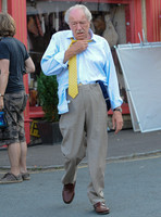 Sir Michael Gambon looking dishevelled in beige trousers and yellow tie