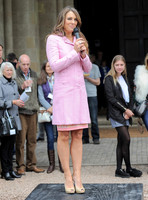 Elizabeth Hurley wearing pink stood on rostrum with microphone