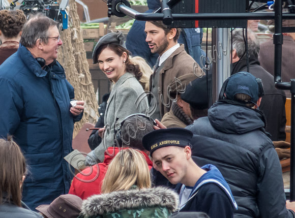Lily James and Glen Powell on set filming "Guernsey"