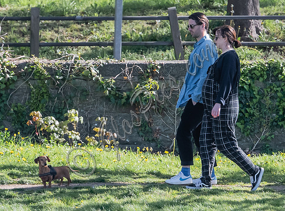 Pregnant Alexandra Roach in dungarees with husband Jack Scales
