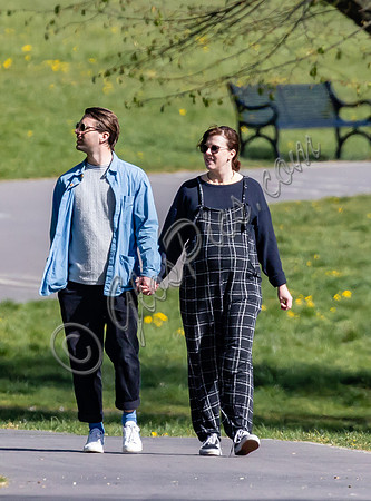 Pregnant Alexandra Roach in dungarees with husband Jack Scales