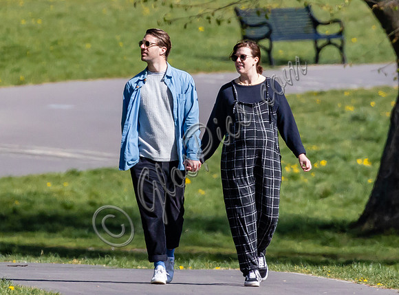 Pregnant Alexandra Roach in dungarees with husband Jack Scales