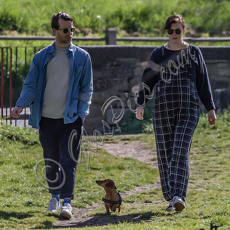 Pregnant Alexandra Roach in dungarees with husband Jack Scales