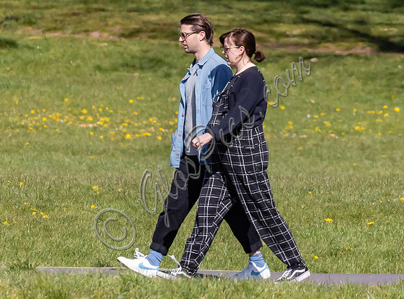 Pregnant Alexandra Roach in dungarees with husband Jack Scales