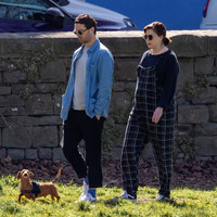 Pregnant Alexandra Roach in dungarees with husband Jack Scales