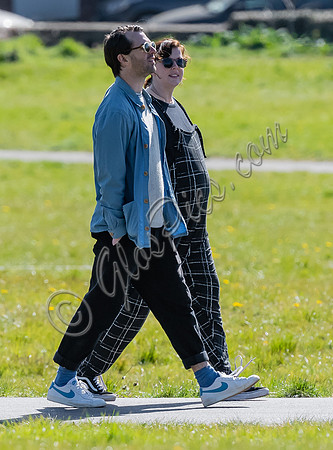 Pregnant Alexandra Roach in dungarees with husband Jack Scales