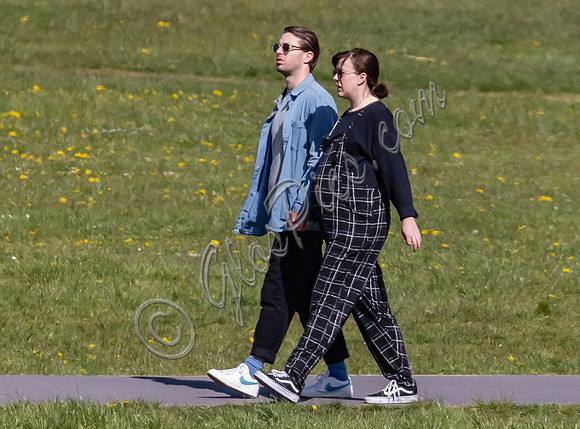 Pregnant Alexandra Roach in dungarees with husband Jack Scales