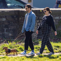 Pregnant Alexandra Roach in dungarees with husband Jack Scales