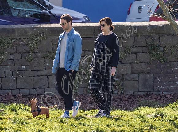 Pregnant Alexandra Roach in dungarees with husband Jack Scales