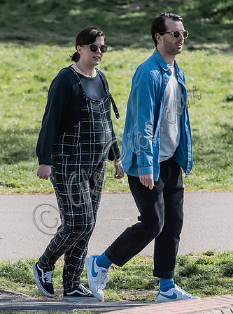 Pregnant Alexandra Roach in dungarees with husband Jack Scales