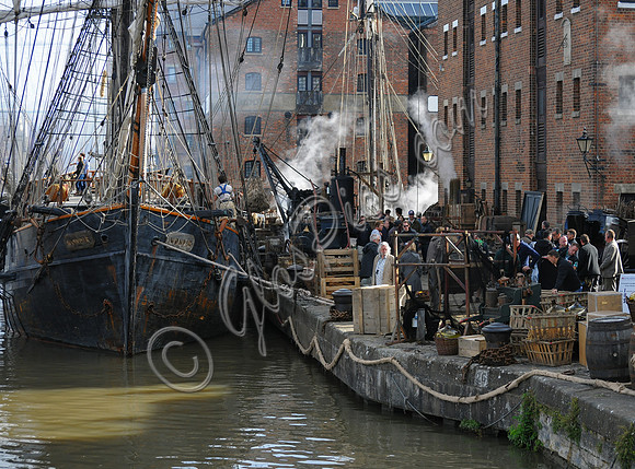 scenic shot of Gloucester Docks during the filming of Alice Through The Looking Glass