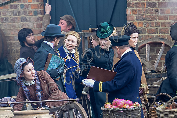Mia Wasikowska  Ed Speleers and Lindsay Duncan filming scenes for "Alice in Wonderland" at Gloucester Docks