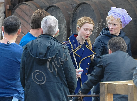 Mia Wasikowska  and Lindsay Duncan filming scenes for "Alice in Wonderland" at Gloucester Docks