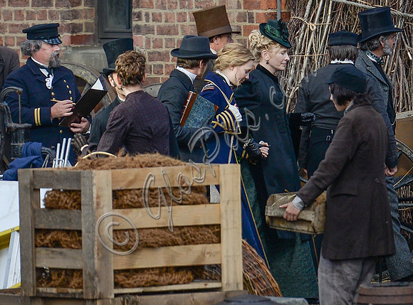 Mia Wasikowska, Ed Speleers  and Lindsay Duncan filming scenes for "Alice in Wonderland" at Gloucester Docks