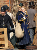 Mia Wasikowska  and Lindsay Duncan filming scenes for "Alice in Wonderland" at Gloucester Docks