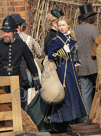 Mia Wasikowska  and Lindsay Duncan filming scenes for "Alice in Wonderland" at Gloucester Docks