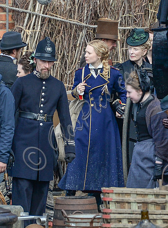 Mia Wasikowska  and Lindsay Duncan filming scenes for "Alice in Wonderland" at Gloucester Docks