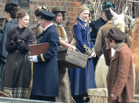 Mia Wasikowska  and cast filming scenes for "Alice in Wonderland" at Gloucester Docks