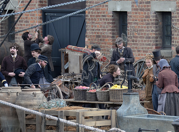 Mia Wasikowska  and Lindsay Duncan filming scenes for "Alice in Wonderland" at Gloucester Docks
