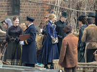 Mia Wasikowska  and cast filming scenes for "Alice in Wonderland" at Gloucester Docks