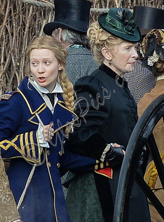 Mia Wasikowska  and Lindsay Duncan filming scenes for "Alice in Wonderland" at Gloucester Docks