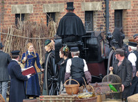 Mia Wasikowska  and Lindsay Duncan filming scenes for "Alice in Wonderland" at Gloucester Docks