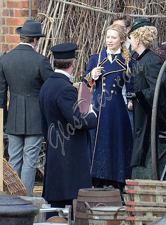 Mia Wasikowska  and Lindsay Duncan filming scenes for "Alice in Wonderland" at Gloucester Docks